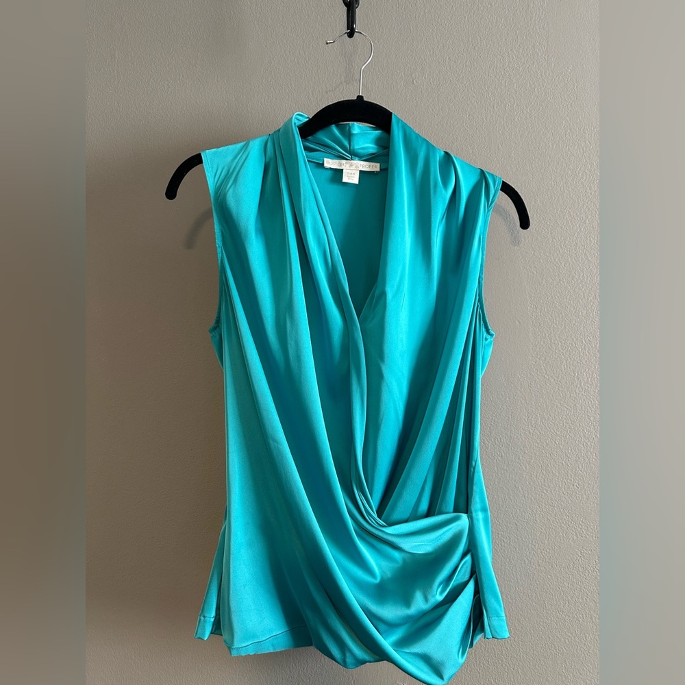 Boston Proper Teal Satin Marilyn Charmeuse Sleeveless Drape Neck Blouse 8